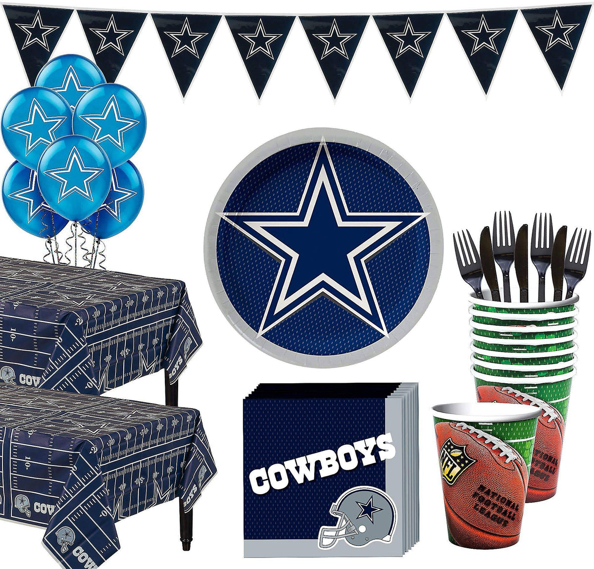 Dallas Cowboys Super Party Supplies by Party City for 36 Guests, Featuring Plates, Napkins, Table Covers, and Balloons