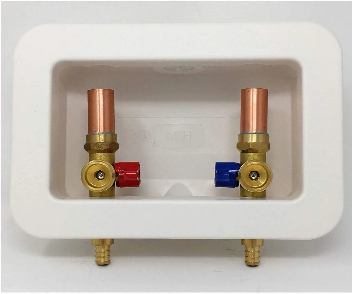Washing Machine Outlet Box and Valve Assembly Kit with Water Hammer Arrestor, 1/2 F1807 PEX x 3/4 MHT Hose Male Connector, Lead-Free Copper Risers, Long Shank and Easy Shutoff