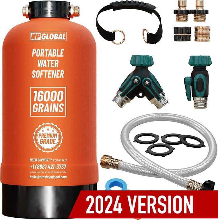 NPGLOBAL Portable RV Water Softener with 16,000-Grain Capacity for Trailers, Boats, Mobile Cars and Pressure Washing