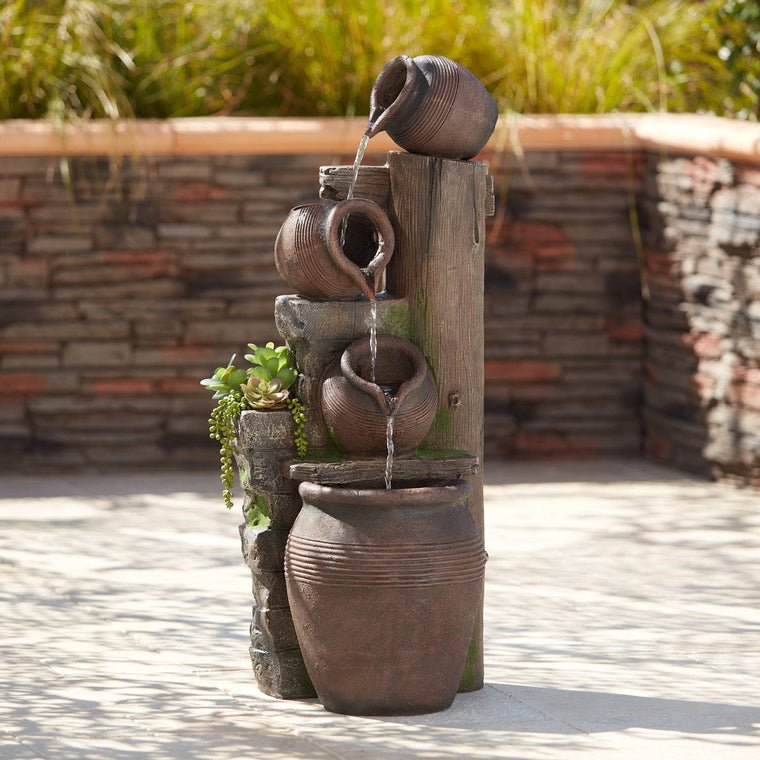 Terracotta Outdoor Fountain with Four Pots, 39 1/4 in. H, Cascading LED Design