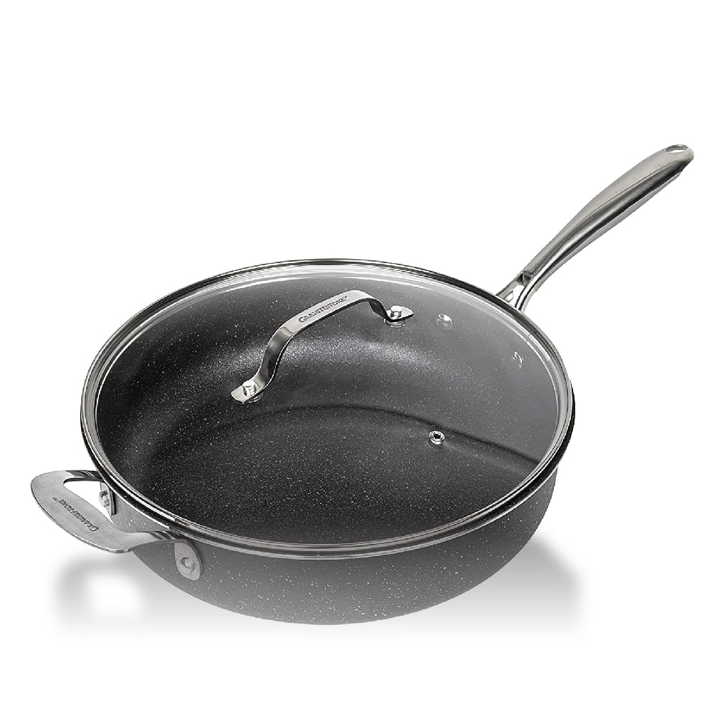 Granitestone Jumbo Nonstick Cooker with Lid, Family-Sized Triple-Coated Open Skillet with Stainless Steel Stay-Cool Helper Handle, Oven and Dishwasher Safe