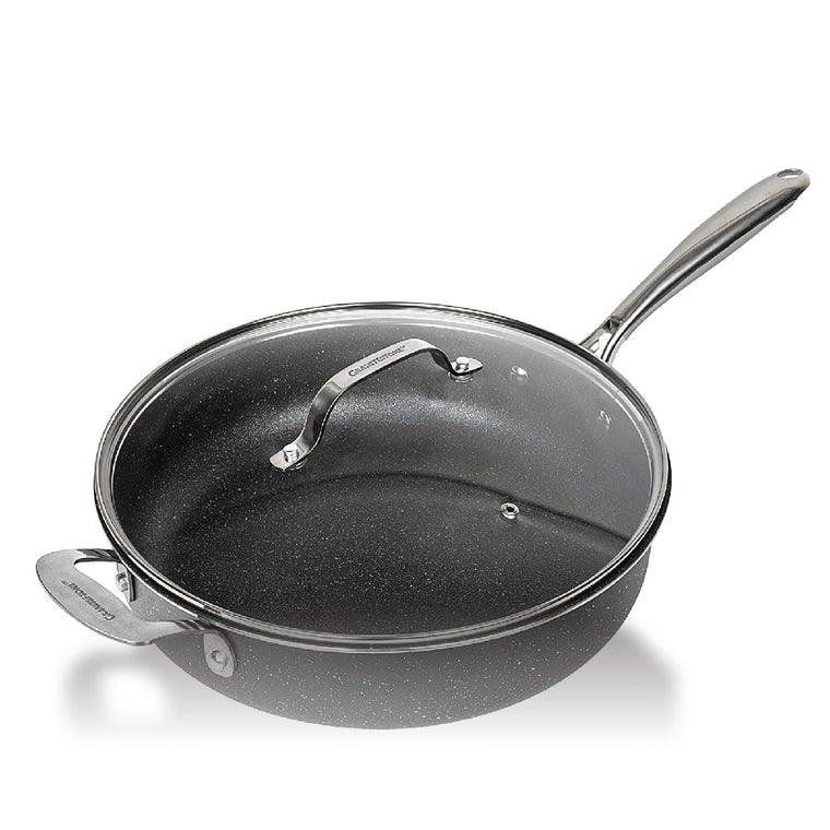 Granitestone Jumbo Nonstick Cooker with Lid, Family-Sized Triple-Coated Open Skillet with Stainless Steel Stay-Cool Helper Handle, Oven and Dishwasher Safe