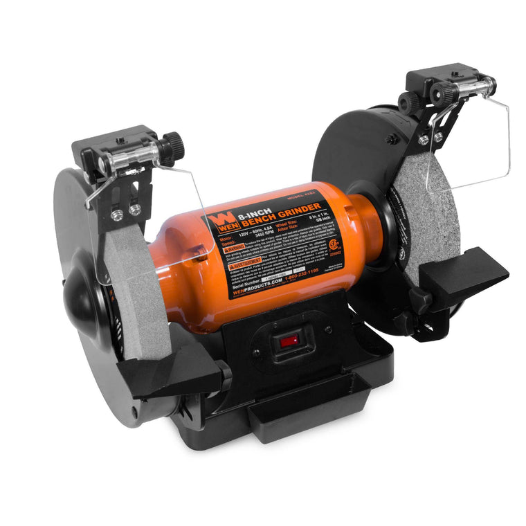 WEN 4282 Bench Grinder with 4.8-Amp Motor, 8×22 Wheels, LED Work Lights and Quenching Tray